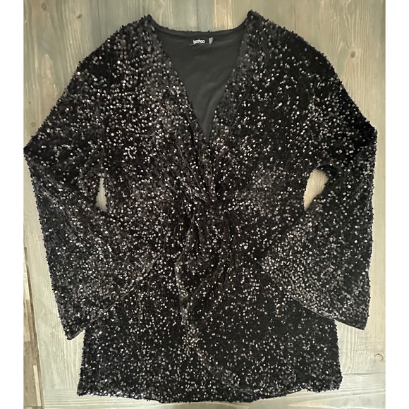 Boohoo Black Sequin Plunging V-Neck Longsleeve Midi Dress Womens Size 20 - Picture 1 of 7